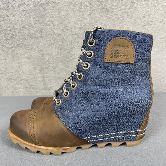 Sorel Wedge Boots Womens Size 8.5 Blue Brown Lexie Leather Canvas NL2265-269 - Picture 10 of 16